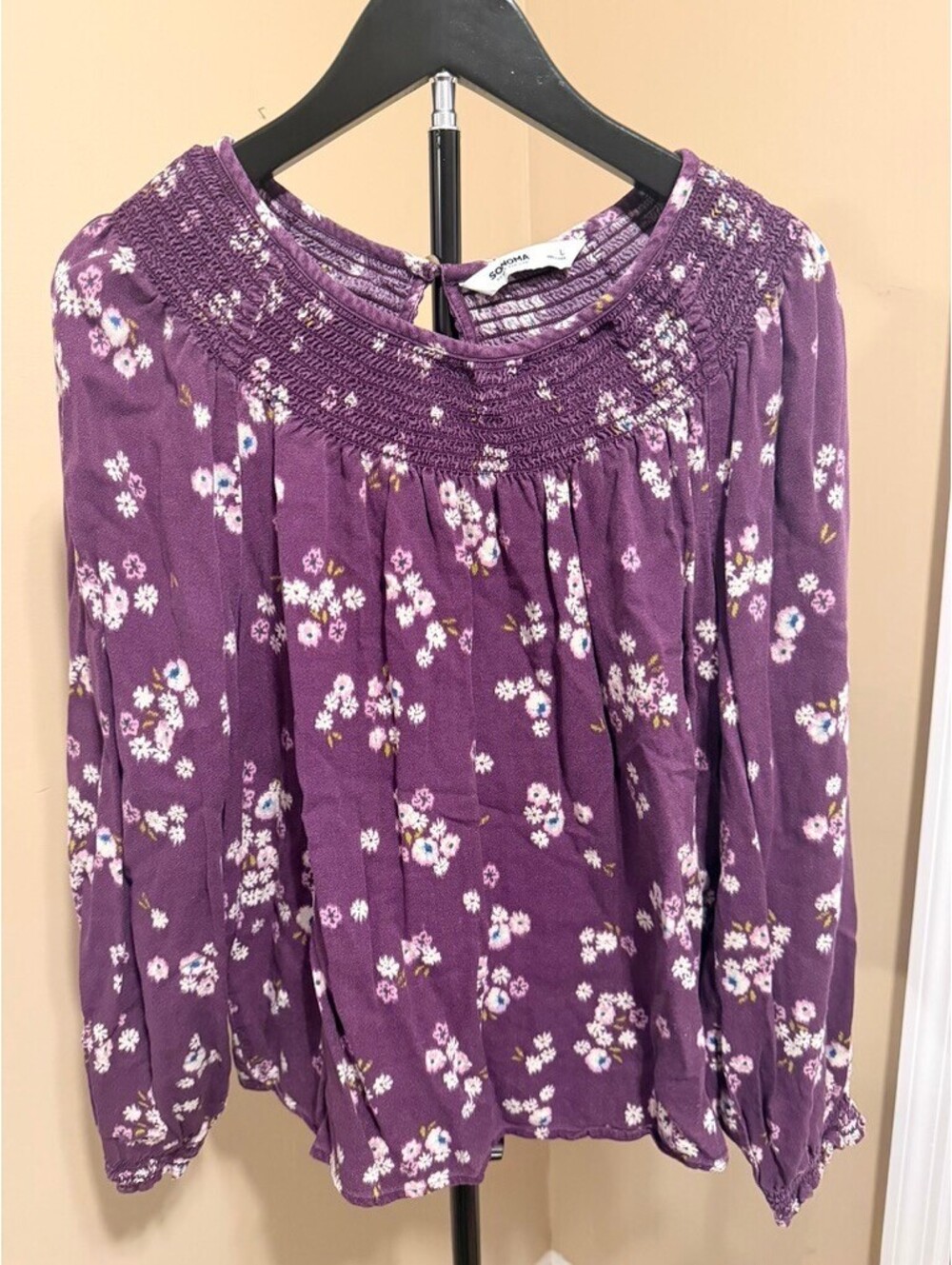 Sonoma Goods For Life Smocked Neck Floral Blouse Size L